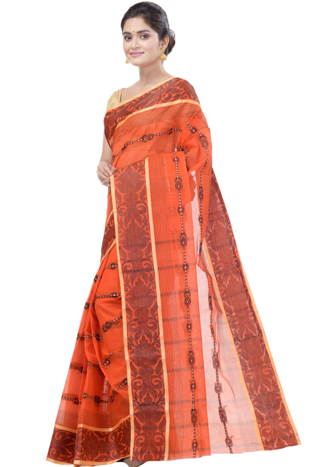 Orange Pure Cotton Charulata_Desiging Tant Saree (741)